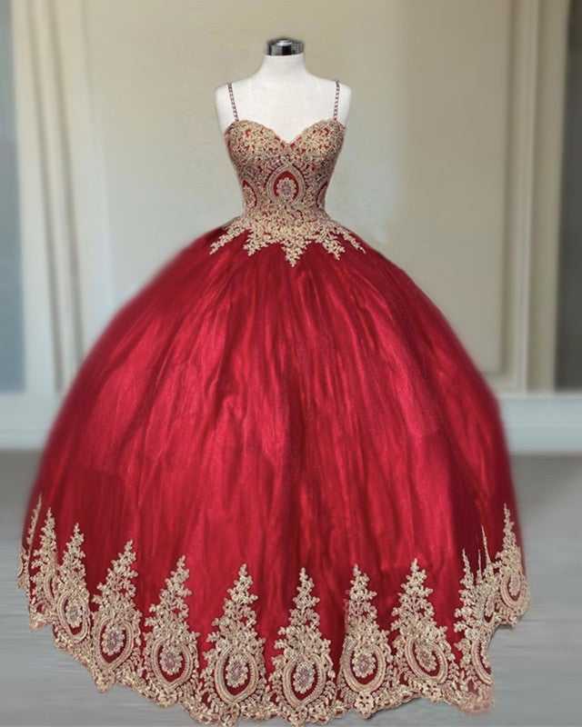 Gold Lace Sweetheart Ball Gown Spaghetti Strap Dresses Gold Lace Sweetheart Ball Gown Spaghetti Strap Dresses