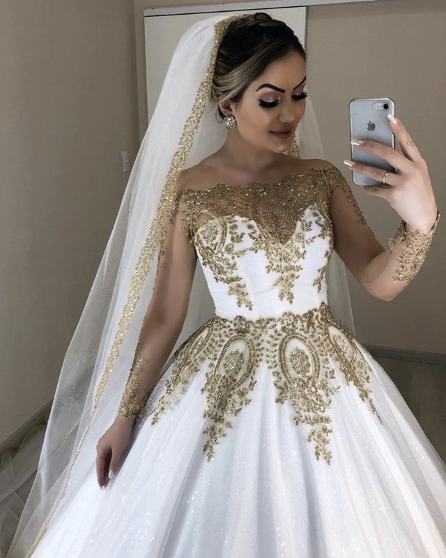 chinese dress ladies White Long Sleeve Homecoming Dress with Gold Lace Appliques, V Neck Sh –  cherishgirls main image 0