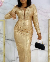 Load image into Gallery viewer, Gold Long Sleeve Sequin Bridesmaid Dresses