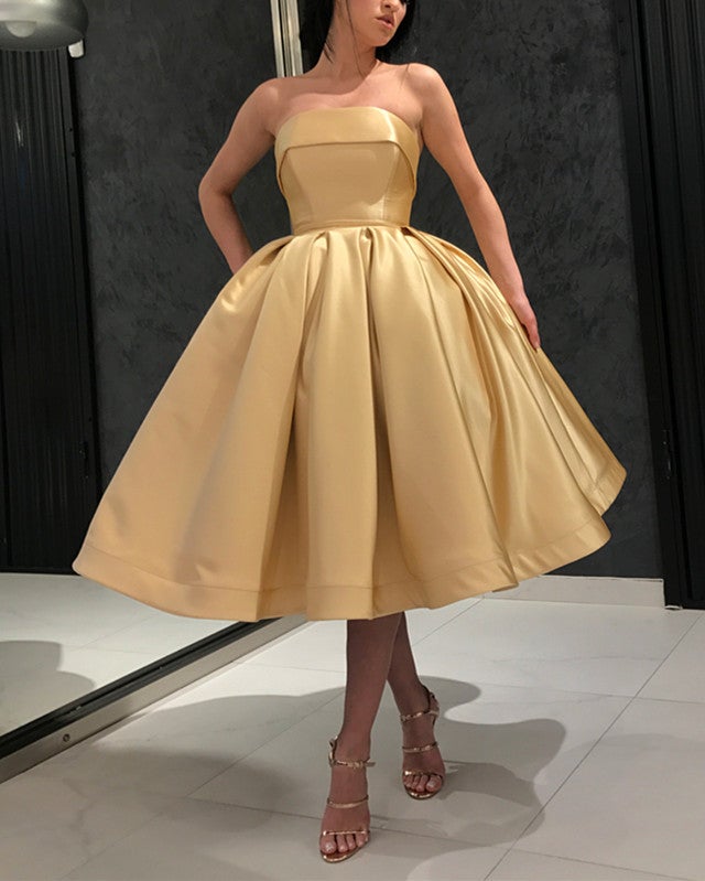 Gold Satin Strapless Ball Gowns Prom Dresses Knee Length Evening Dress Gold Satin Strapless Ball Gowns Prom Dresses Knee Length Evening Dress