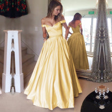 Load image into Gallery viewer, Beaded Satin Long Yellow Gold Prom Dresses 2019