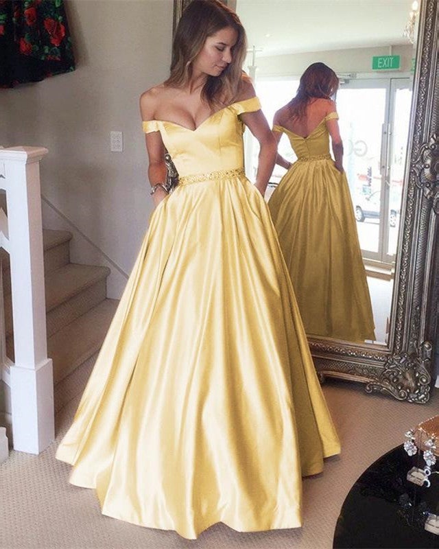 Gold Satin V Neck Long Prom Dresses Ball Gowns Off The Shoulder Gold Satin V Neck Long Prom Dresses Ball Gowns Off The Shoulder