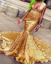 Load image into Gallery viewer, Gold ScaleSequin Mermaid Prom Dresses-alinanova