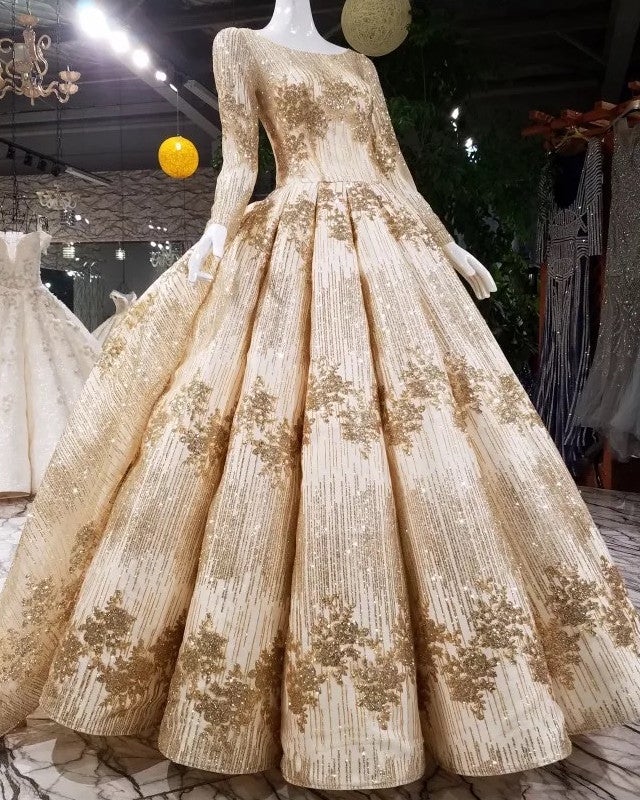 Gold Sequins Ball Gown Wedding Dresses Long Sleeves Open Back Gold Sequins Ball Gown Wedding Dresses Long Sleeves Open Back
