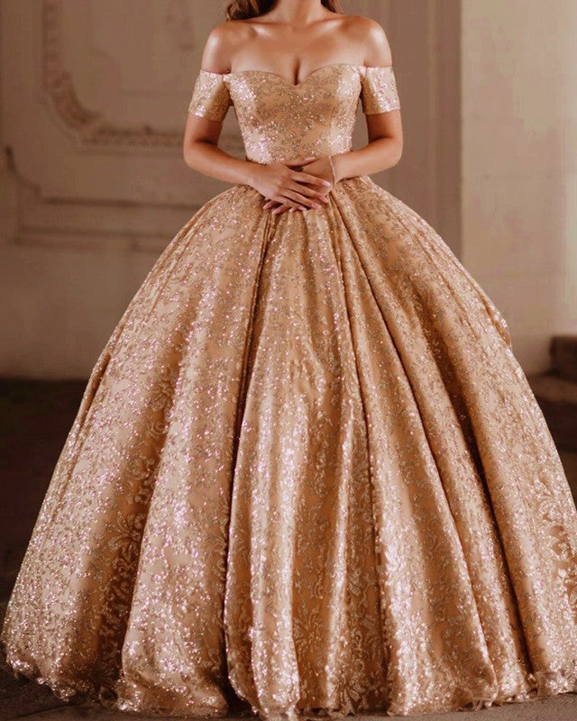Gold Wedding Dresses Sequins Ball Gowns Off The Shoulder – alinanova