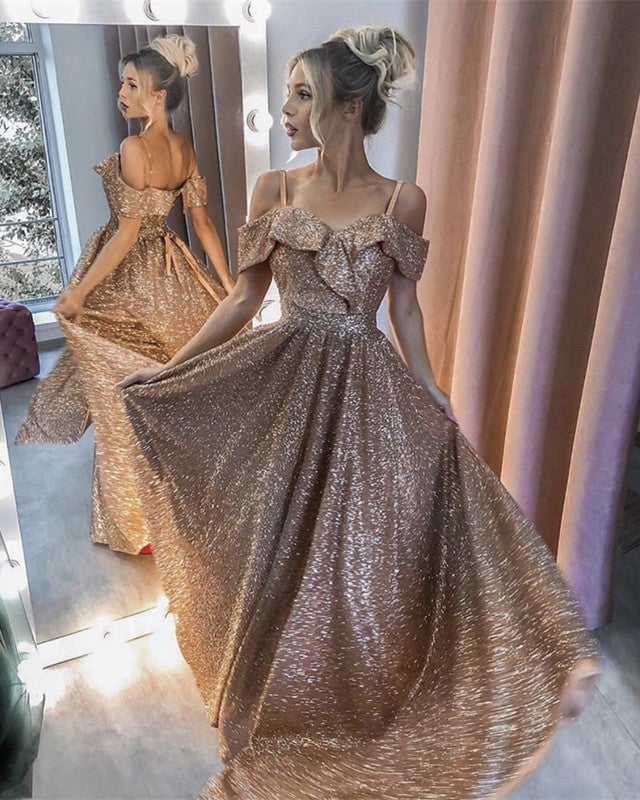 Gold Shoulder Glitter Dresses for Prom Evening