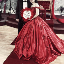 Load image into Gallery viewer, Gorgeous Lace Beaded V Neck Burgundy Ball Gowns Wedding Dresses Off Shoulder