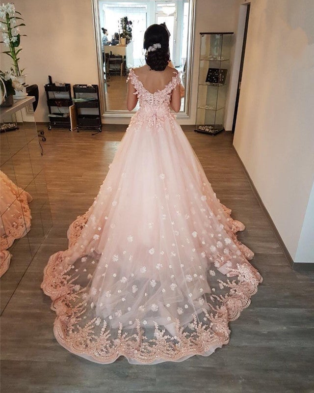 Gorgeous Lace Embroidery V-neck Off Shoulder Tulle Peach Wedding Dresses Gorgeous Lace Embroidery V-neck Off Shoulder Tulle Peach Wedding Dresses