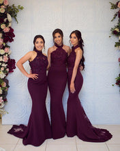 Load image into Gallery viewer, Elegant Lace Halter Mermaid Bridesmaid Dresses Dark Purple
