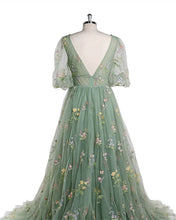 Load image into Gallery viewer, Long Tulle V-neck Puffy Sleeve Cottage Core Dress