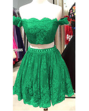 Load image into Gallery viewer, Green Lace Two Piece Homecoming Dresses 2019