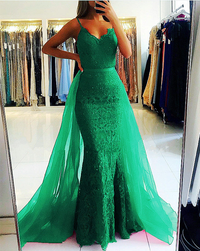 Elegant V-neck Mermaid Lace Prom Dresses Detachable Skirt Elegant V-neck Mermaid Lace Prom Dresses Detachable Skirt
