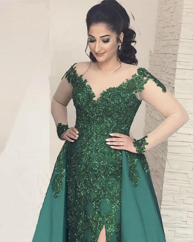 Emerald Green Mermaid Prom Dresses Long Sleeves Satin Split alinanova Emerald Green Mermaid Prom Dresses Long Sleeves Satin Split alinanova