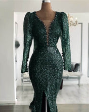 Load image into Gallery viewer, Green Sequin V Neck Mermaid Prom Dresses