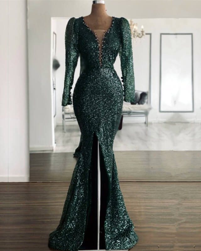 Green Sequin V Neck Mermaid Prom Dresses Green Sequin V Neck Mermaid Prom Dresses