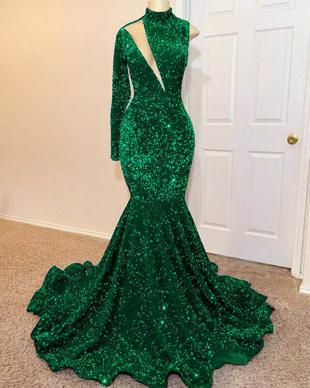 Mermaid Green Sequin Prom Dress One Shoulder High Neck Mermaid Green Sequin Prom Dress One Shoulder High Neck