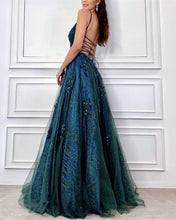 Load image into Gallery viewer, Green Tulle V Neck Open Back Long Prom Dresses