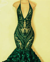 Load image into Gallery viewer, Green Sequinned Lace Rosette Mermaid Dresses