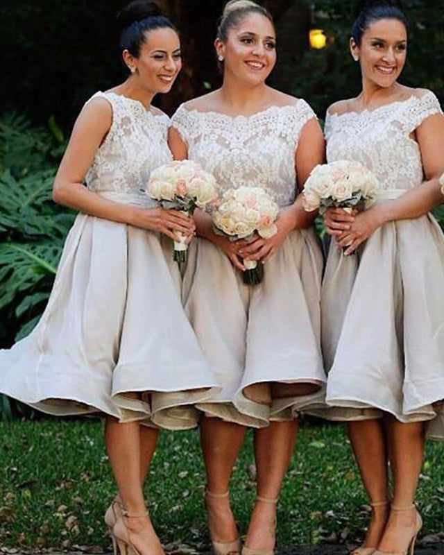 Vintage Lace Appliques Off The Shoulder Tea Length Bridesmaid Dresses Vintage Lace Appliques Off The Shoulder Tea Length Bridesmaid Dresses