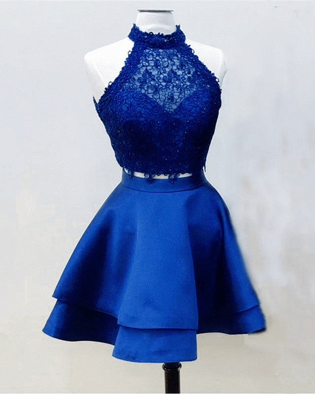 Halter Lace Crop Top Satin Homecoming Dresses Short Prom Dress Two