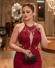 Load image into Gallery viewer, Burgundy Lace Mermaid Prom Dresses Halter Top