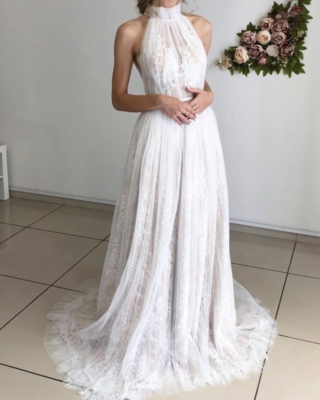 Halter Lace Wedding Dress Pleated Tulle Skirt Halter Lace Wedding Dress Pleated Tulle Skirt
