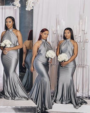 Load image into Gallery viewer, Silver Halter Bridesmaid Gowns
