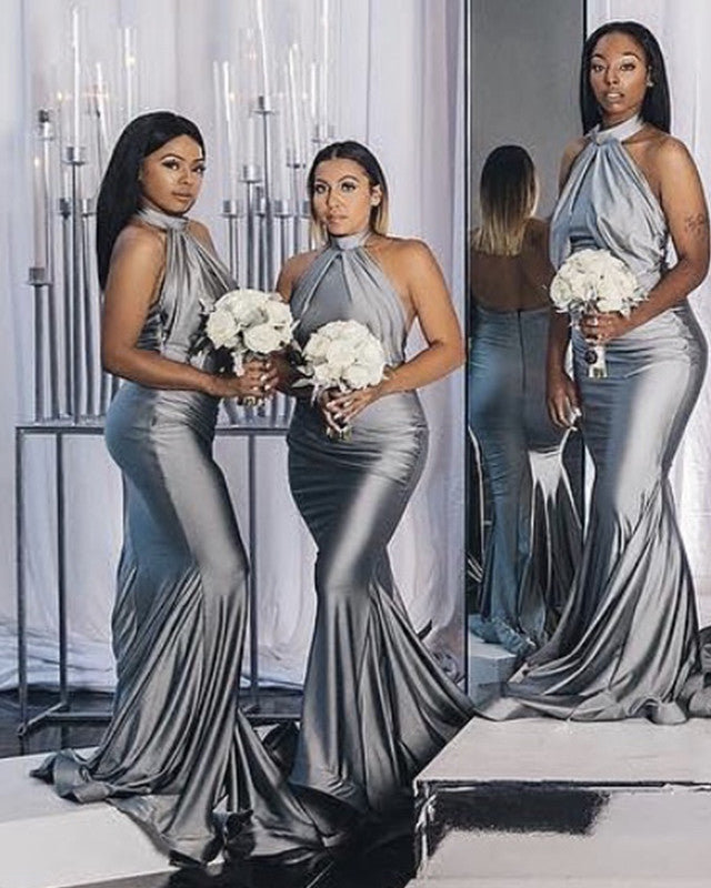 Gray Bridesmaid Metallic Silver Bridesmaid Dresses Long Satin Halter Mermaid Bridesmaid Dresses Gray Bridesmaid Metallic Silver Bridesmaid Dresses Long Satin Halter Mermaid Bridesmaid Dresses