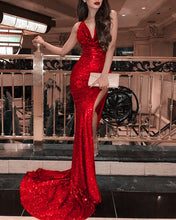 Load image into Gallery viewer, Long Sequin Mermaid Red Dresses For Prom
