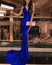 Load image into Gallery viewer, Royal Blue Mermaid Sequin Dress Leg Split
