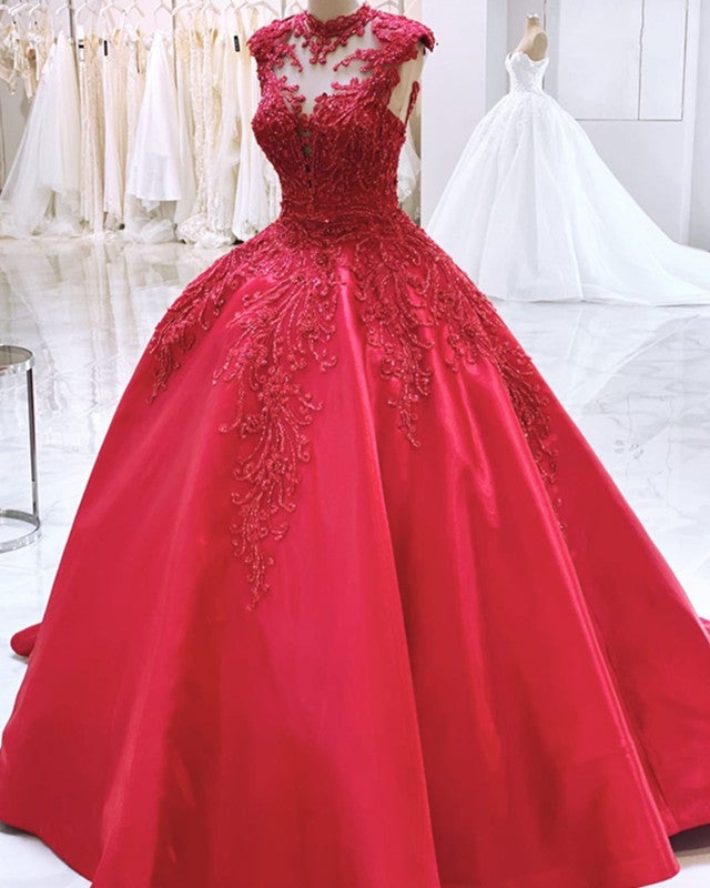 High Neck Ball Gown Satin Dresses Lace Embroidery Beaded High Neck Ball Gown Satin Dresses Lace Embroidery Beaded