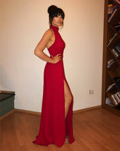 Load image into Gallery viewer, Halter-Chiffon-Prom-Long-Dresses-Leg-Slit-Evening Gowns