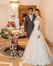 Load image into Gallery viewer, High Neck Long Sleeves Tulle Princess Wedding Dress Lace Edge