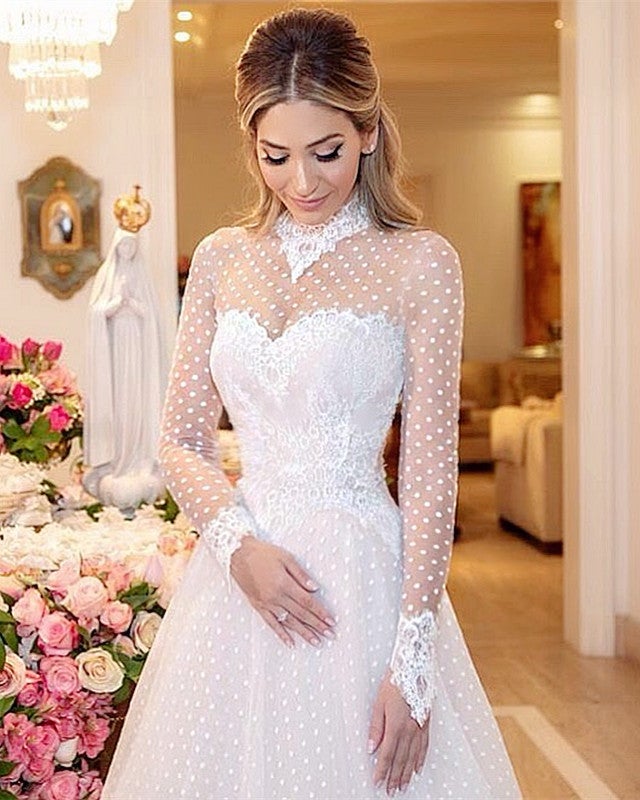 High Neck Long Sleeves Tulle Princess Wedding Dress Lace Edge High Neck Long Sleeves Tulle Princess Wedding Dress Lace Edge