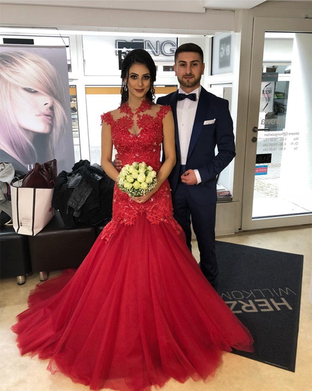 high neck mermaid prom dress High Neck Mermaid Evening Dress Appliques Prom Gown