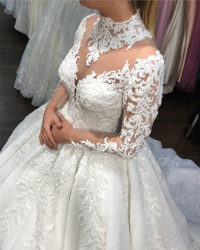 vintage style high neck wedding dress High Neck Wedding Dress Lace Long Sleeves Ball Gown