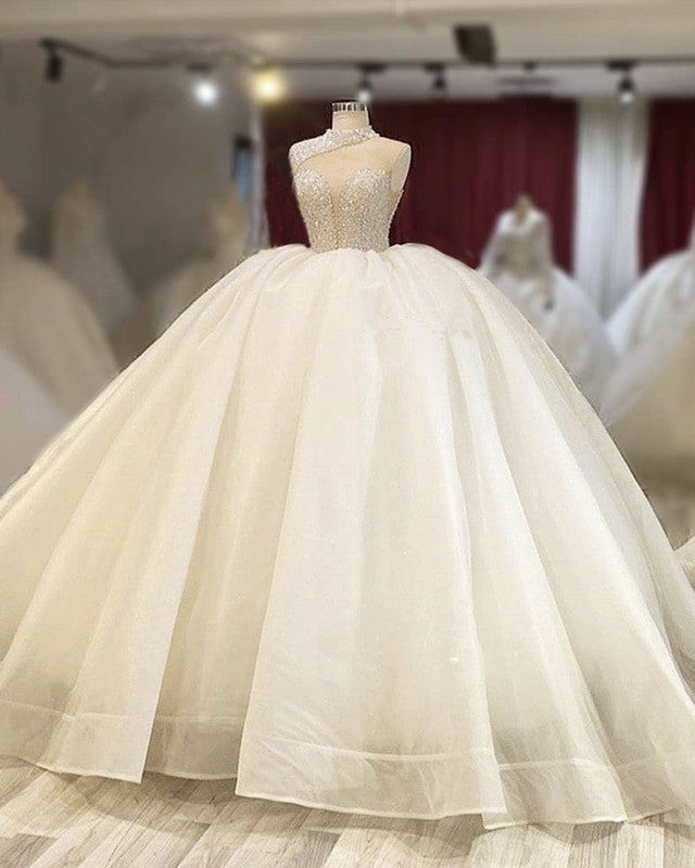 High Neck Wedding Dress Organza Ball Gown Sequins Beaded