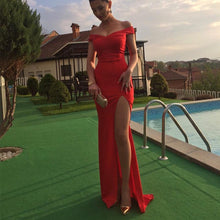 Load image into Gallery viewer, High Slit Long Satin Red Mermaid Bridesmaid Dress Off Shoulder-alinanova