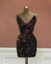 Load image into Gallery viewer, Short V-neck Black Sequin Tight Dress