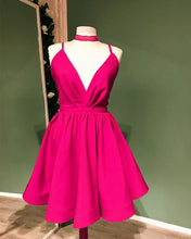 Load image into Gallery viewer, Short Red Plunging Satin Party Dress