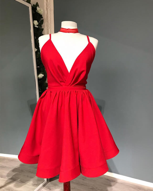 Short Red Plunging Satin Dress For Homecoming Party alinanova Short Red Plunging Satin Dress For Homecoming Party alinanova