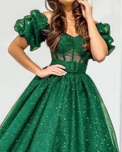Load image into Gallery viewer, Puffy Sleeves Corset Midi Sparkly Ball Gown Dress
