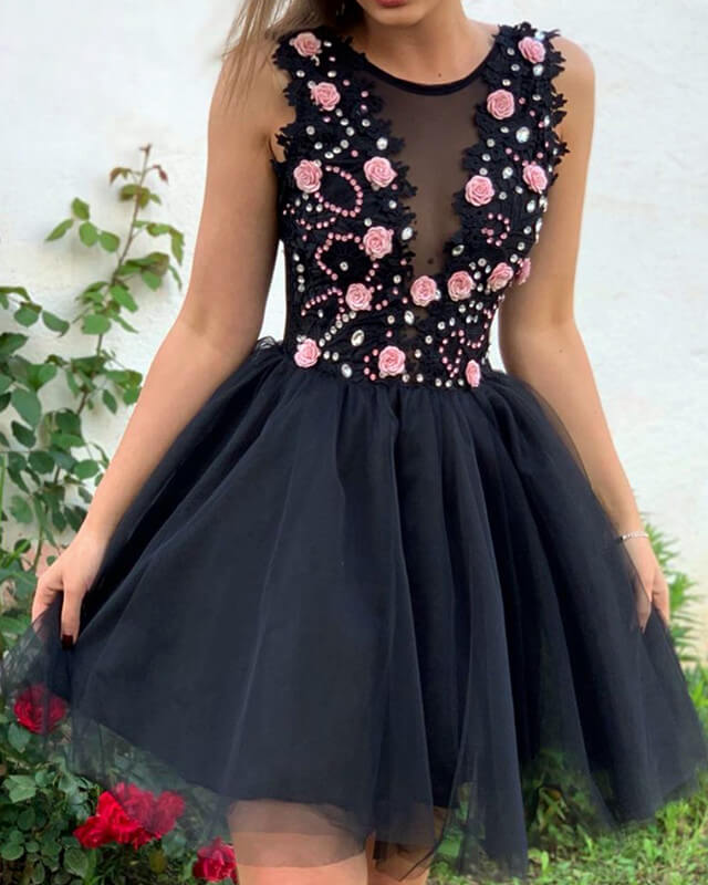 Short Black Tulle Homecoming Dresses With Pink Flowers alinanova Short Black Tulle Homecoming Dresses With Pink Flowers alinanova