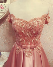 Load image into Gallery viewer, Lace Off Shoulder Satin Homecoming Dresses Bow Sashes