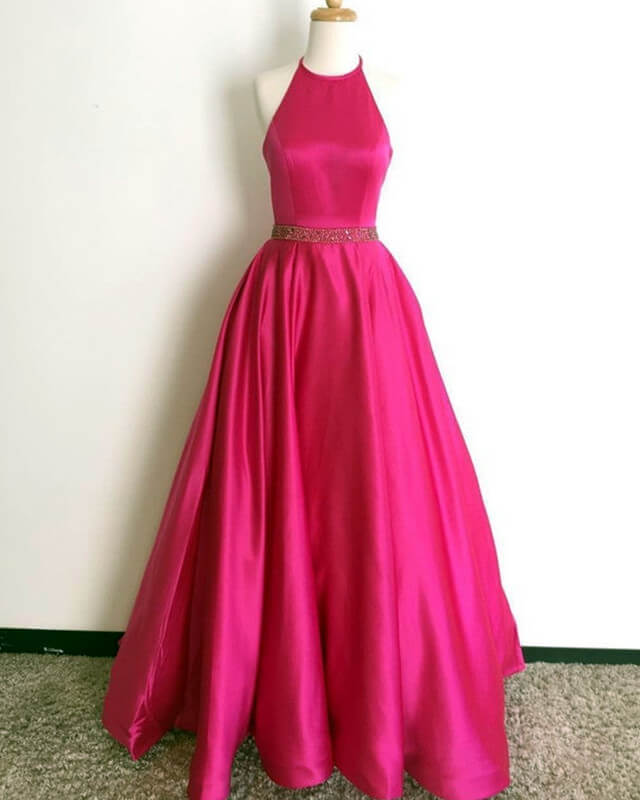 Long Hot Pink Satin Halter Prom Dresses Ball Gowns – alinanova