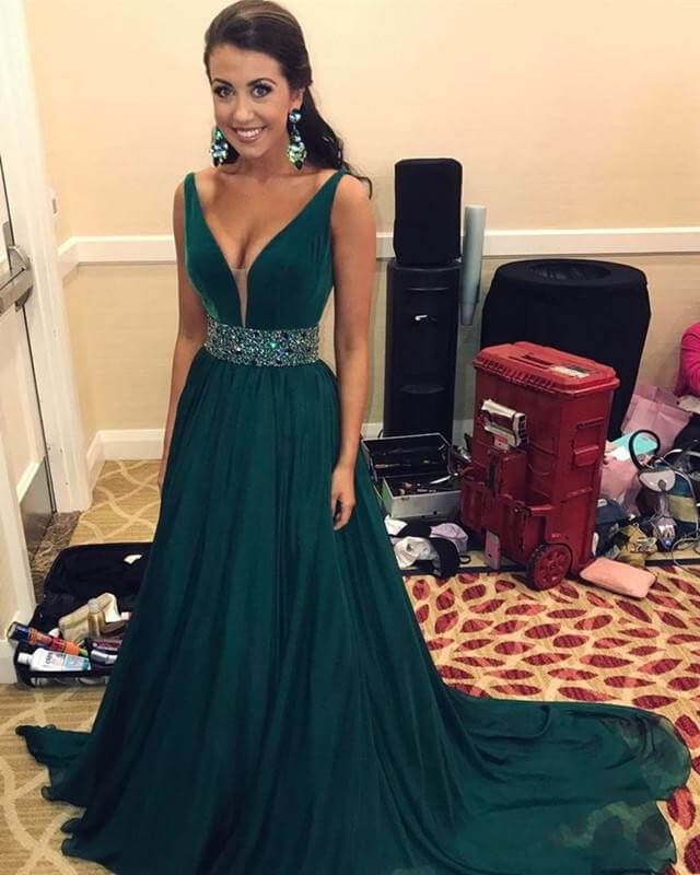 Hunter Green Chiffon Prom Long Dresses Beaded –