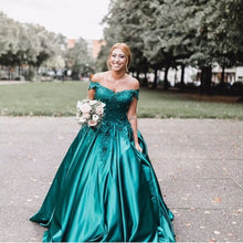Load image into Gallery viewer, Hunter Green Satin Ball Gowns Wedding Dresses Lace Off The Shoulder