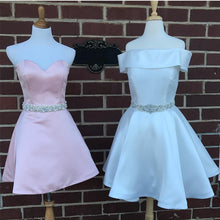 Load image into Gallery viewer, White Satin Off The Shoulder Homecoming Dresses Beaded Sashes