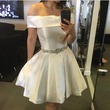 Load image into Gallery viewer, White Satin Off The Shoulder Homecoming Dresses Beaded Sashes-alinanova