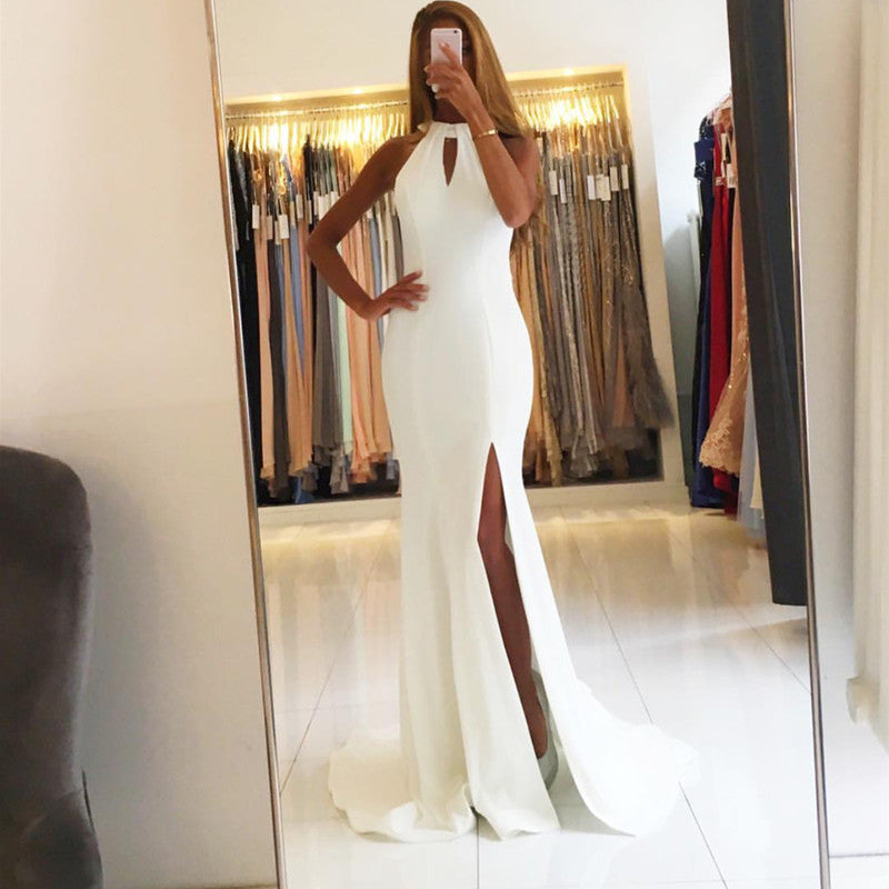 Ivory Satin Halter Mermaid Backless Evening Gowns Open Back Prom Dress alinanova Ivory Satin Halter Mermaid Backless Evening Gowns Open Back Prom Dress alinanova